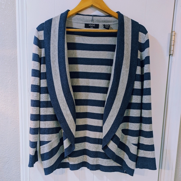 Verve Ami Striped Open-Front Cardigan – Gray & Deep Blue (Size S) - Picture 2 of 5